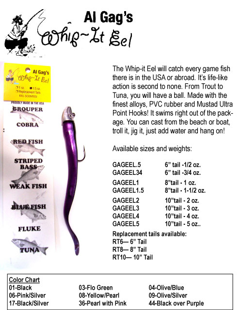 al gag whip-it eel lures